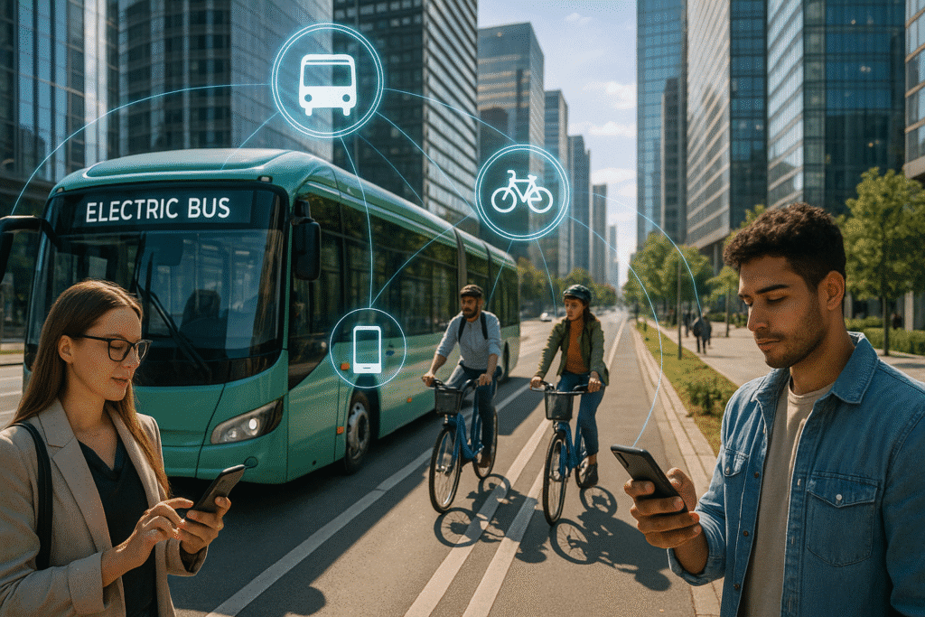 Imagen que muestra varios tipos de sensores instalados en una calle de ciudad inteligente, conectados a una red digital.