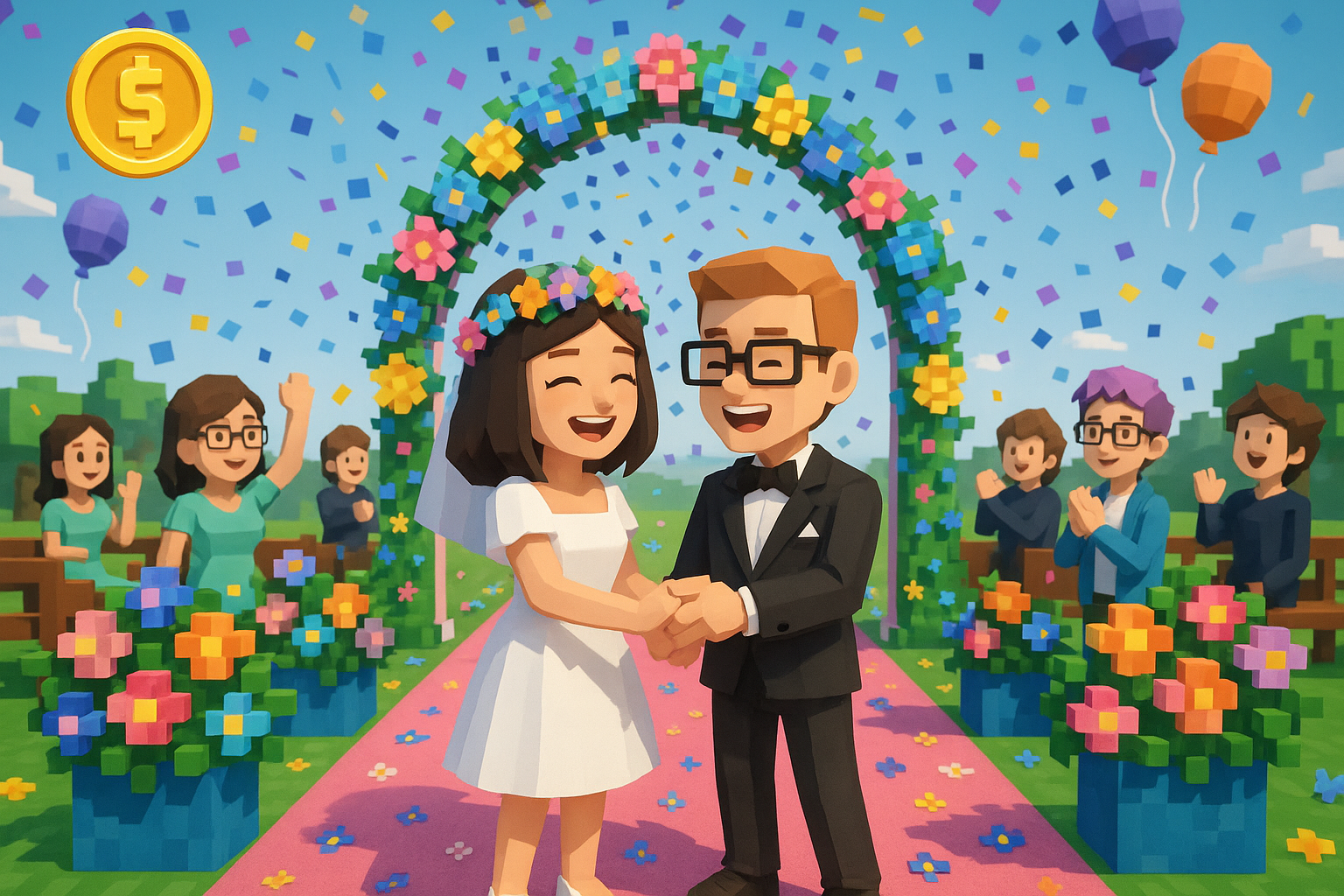 Dos avatares celebrando una boda dentro de un videojuego con decoración comprada con monedas virtuales