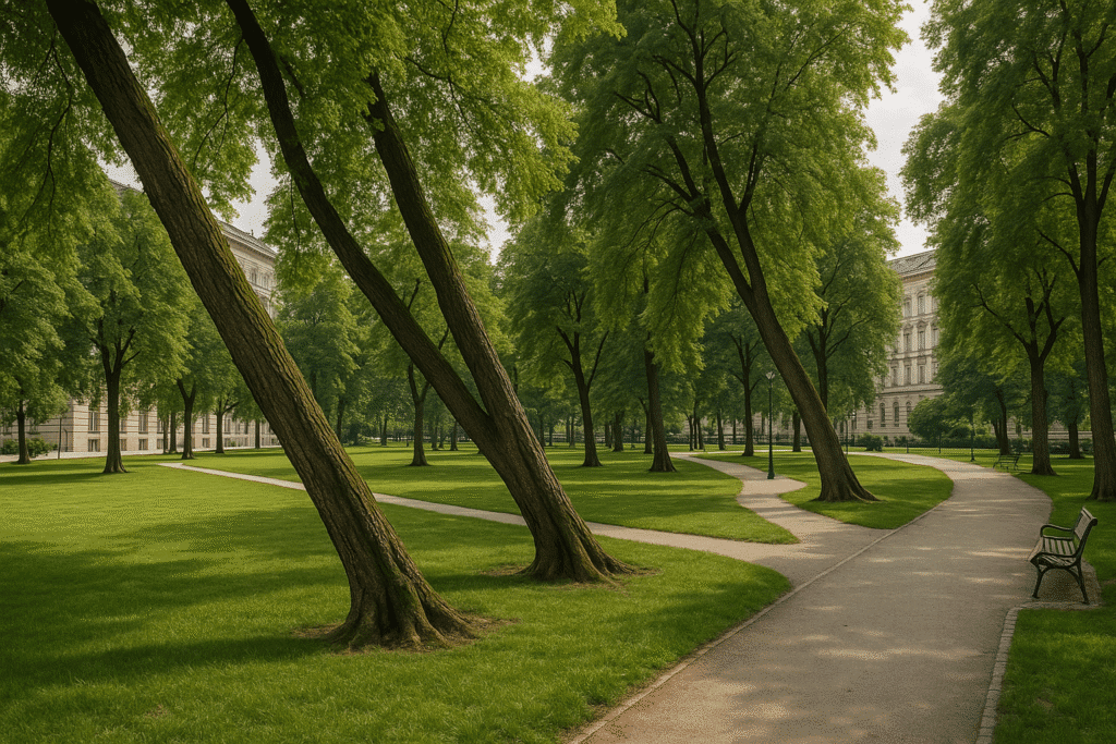 Fotografía de un parque en Viena con árboles notoriamente inclinados