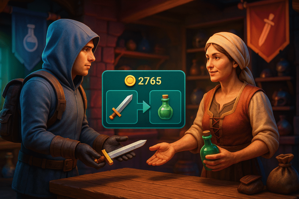 Avatares intercambiando objetos digitales en una tienda virtual de videojuego