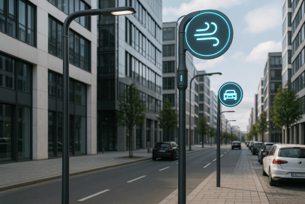 Sensores inteligentes de tráfico y medioambiente instalados en postes urbanos