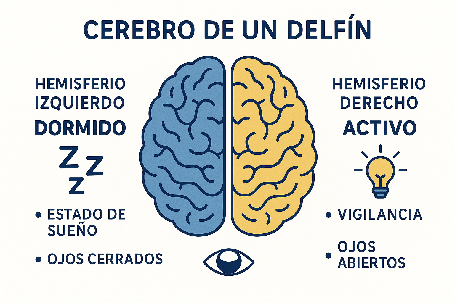Ilustración del cerebro de un delfín mostrando un hemisferio dormido y otro activo