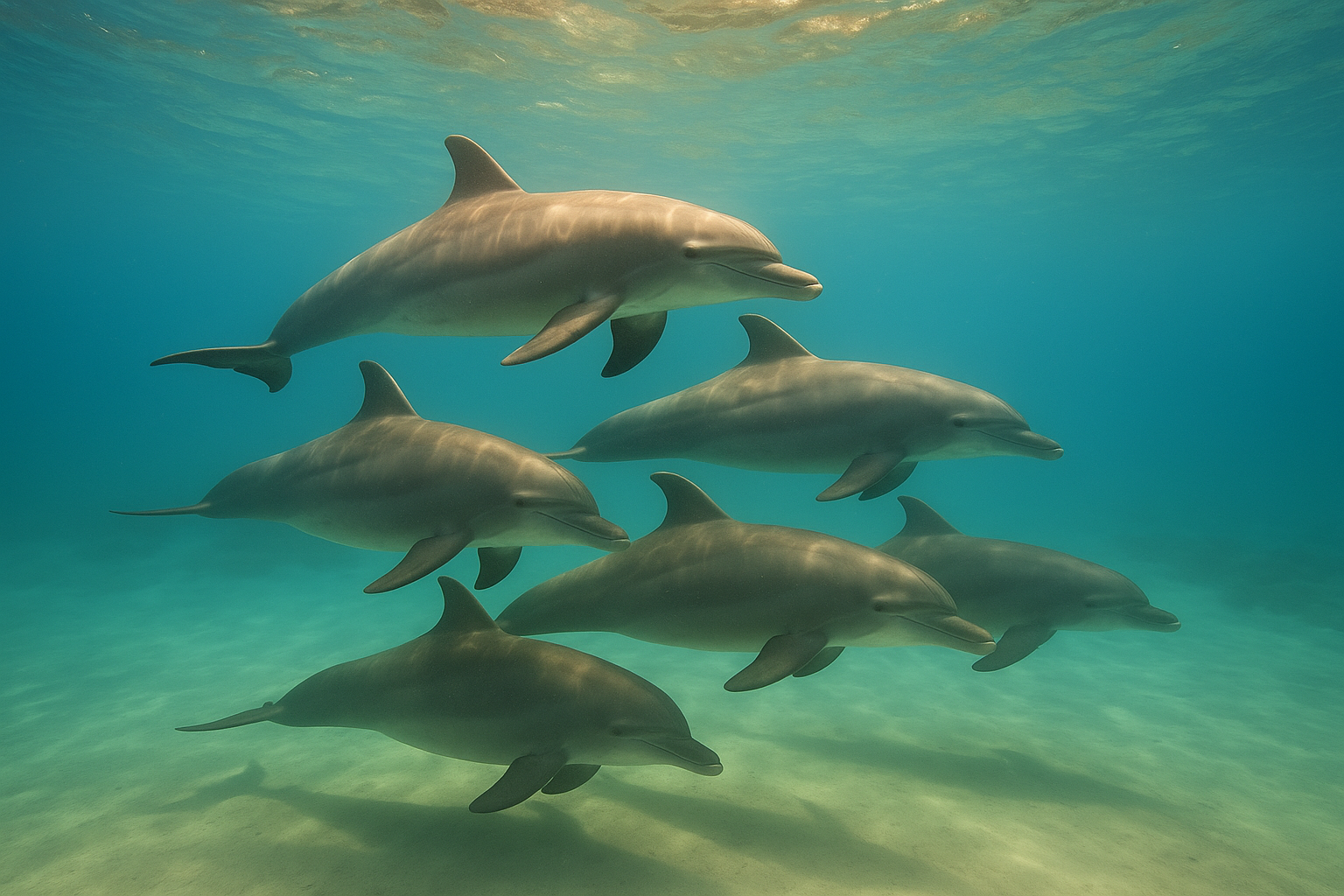 Grupo de delfines nadando lentamente en formación durante el descanso