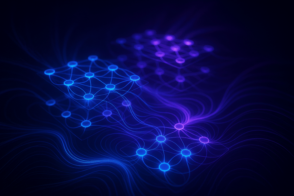 Visualización abstracta de una red neuronal generando patrones durante un sueño artificial