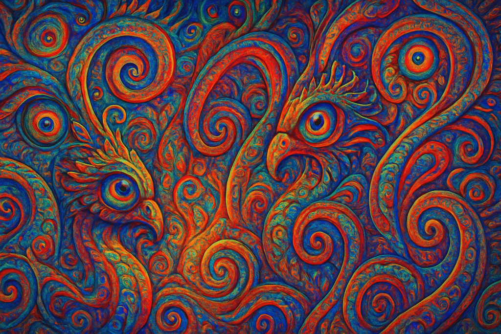 Imagen creada por IA usando DeepDream con patrones psicodélicos y surrealistas
