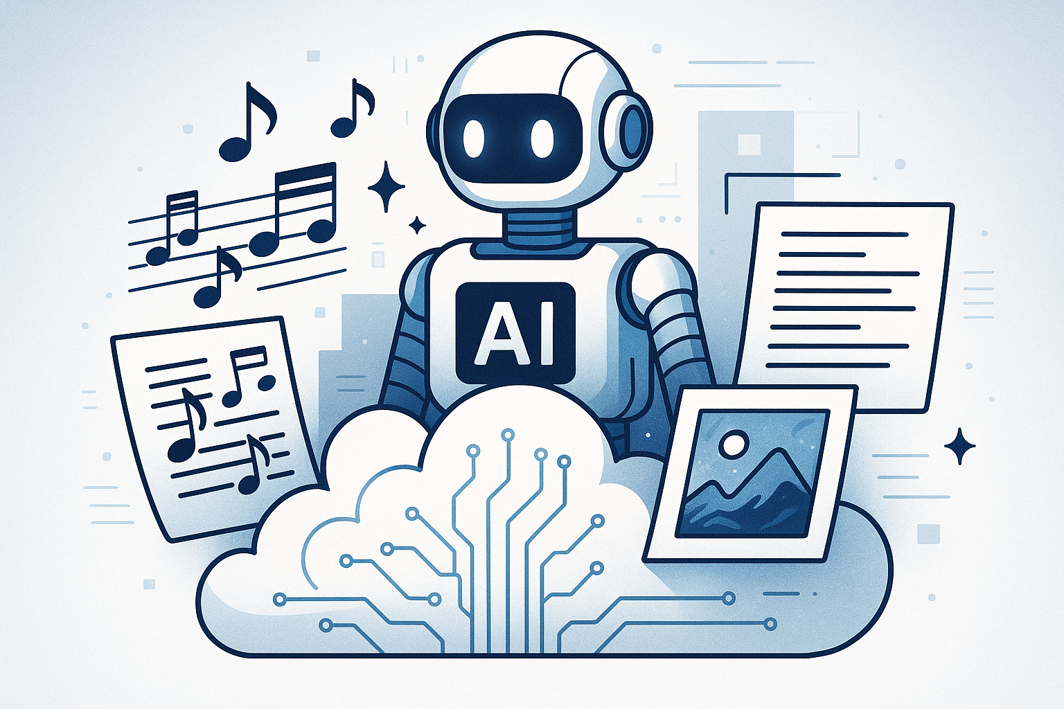 Ilustración de una IA creando arte, música y texto desde su propio sistema