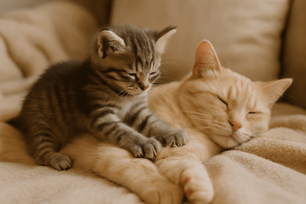 Gatito amasando a su madre.