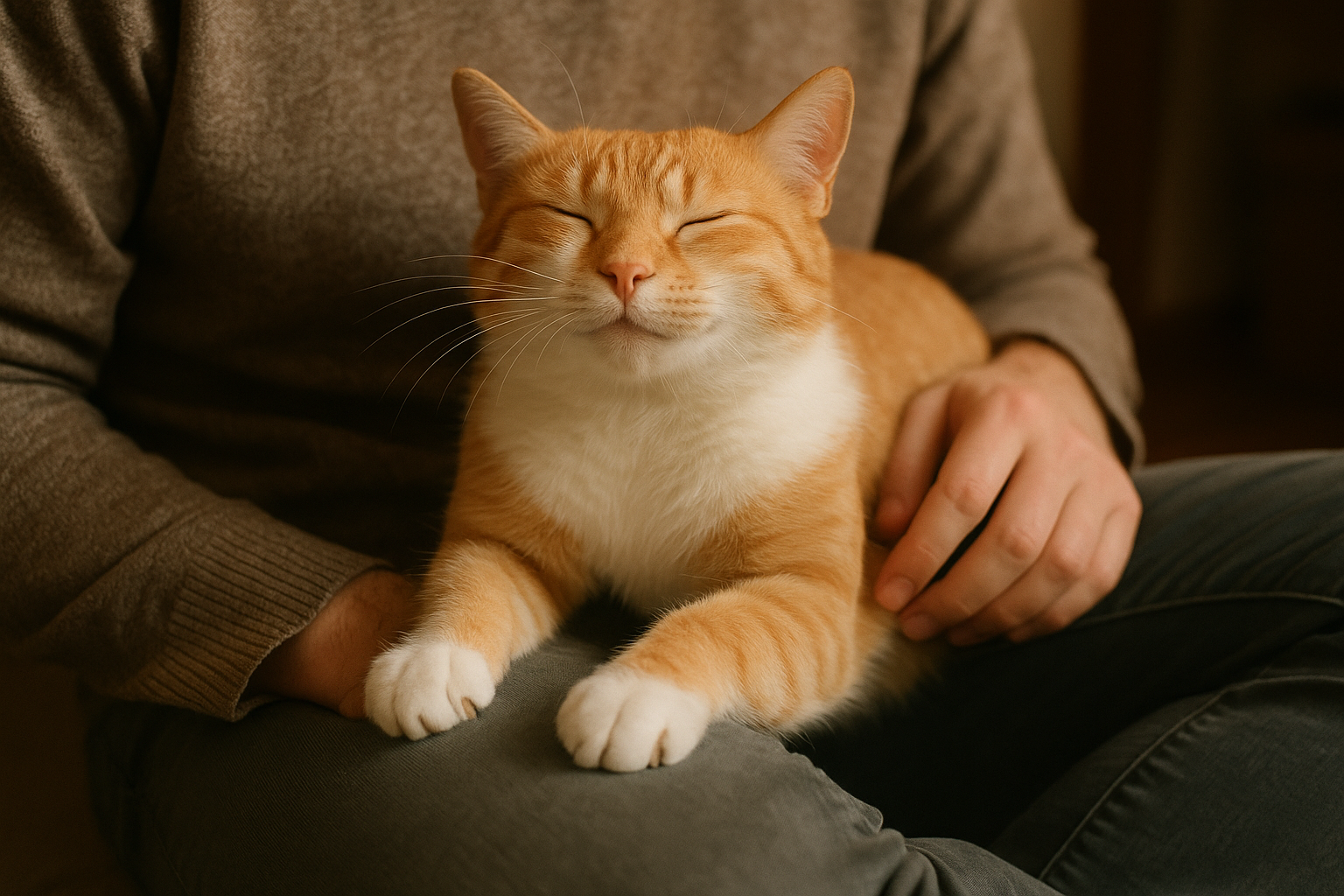 Gato amasa en el regazo de su dueño.