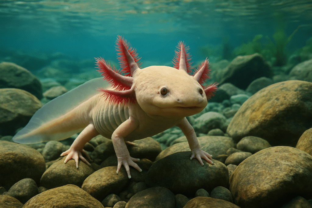 Axolotl nadando en su hábitat natural