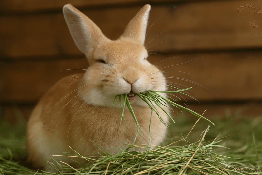 Conejo masticando heno