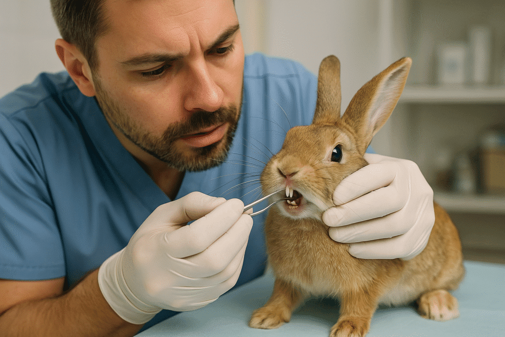 Veterinario revisando los dientes de un conejo