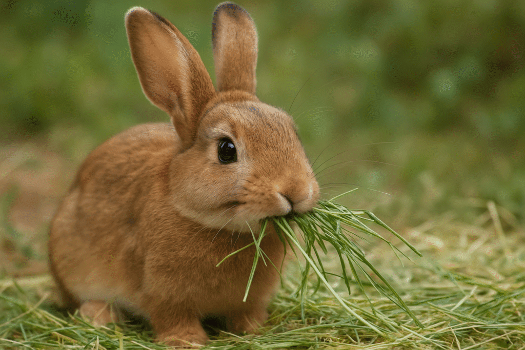 Conejo comiendo heno