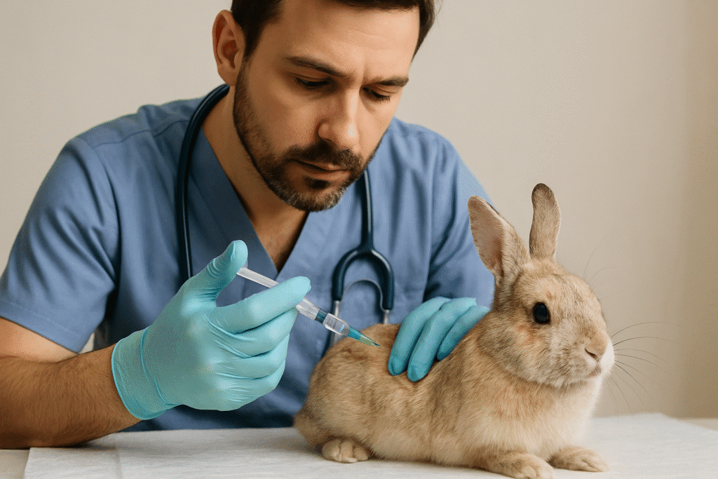 Veterinario administrando tratamiento a un conejo