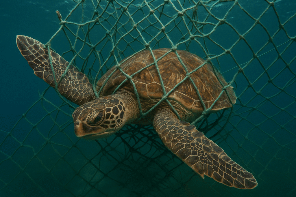 Tortuga marina atrapada en una red de pesca