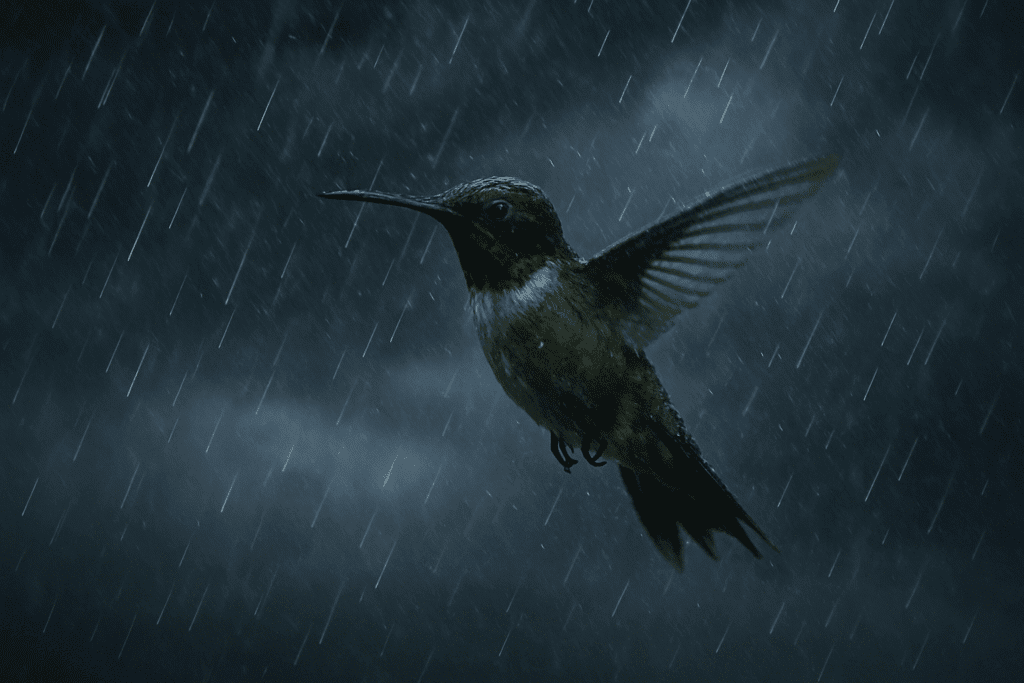 Colibrí enfrentando condiciones adversas