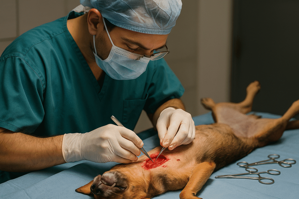 Veterinario realizando cirugía en perro