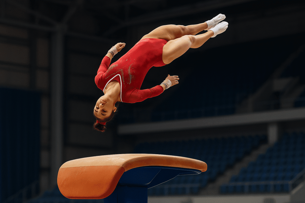 Gimnasta realizando Yurchenko doble rotación