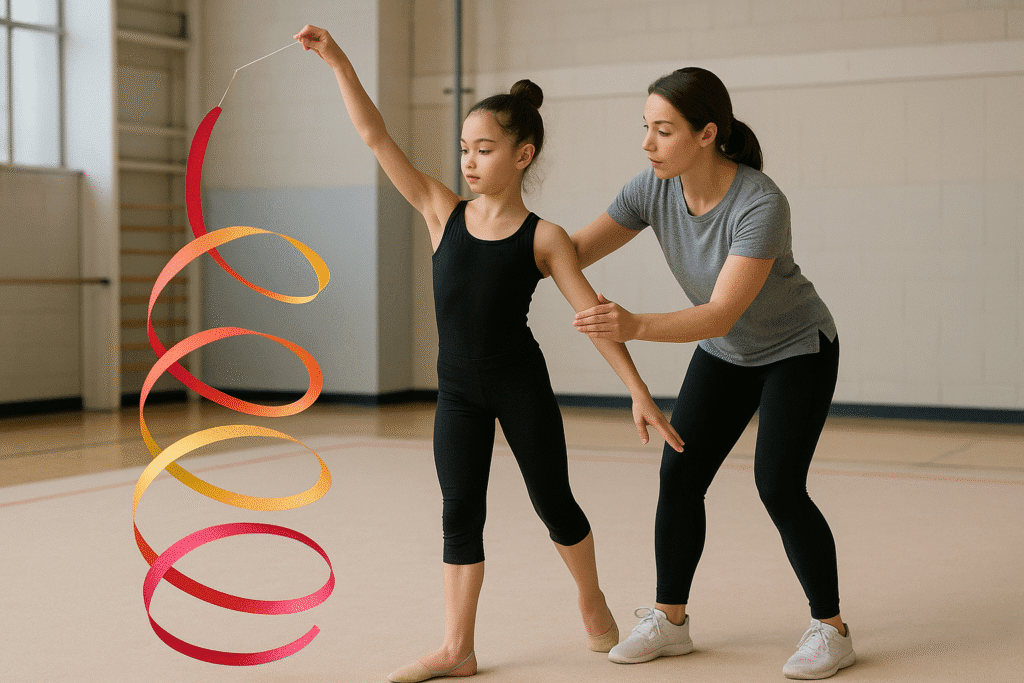 entrenadora corrigiendo técnica de espiral a gimnasta