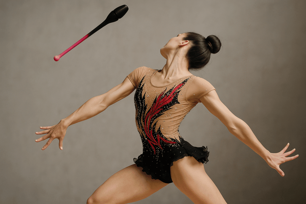 gimnasta girando la cabeza mientras lanza maza