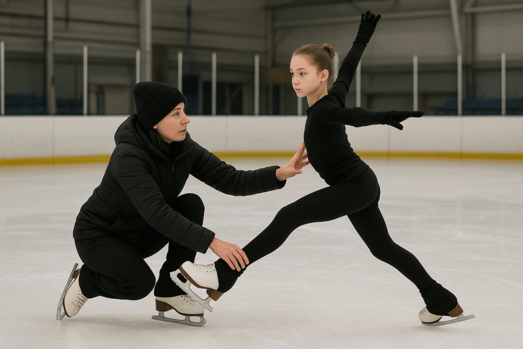 entrenador corrigiendo técnica de Axel en pista de hielo