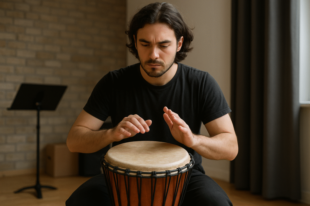 músico practicando polirritmia con djembé