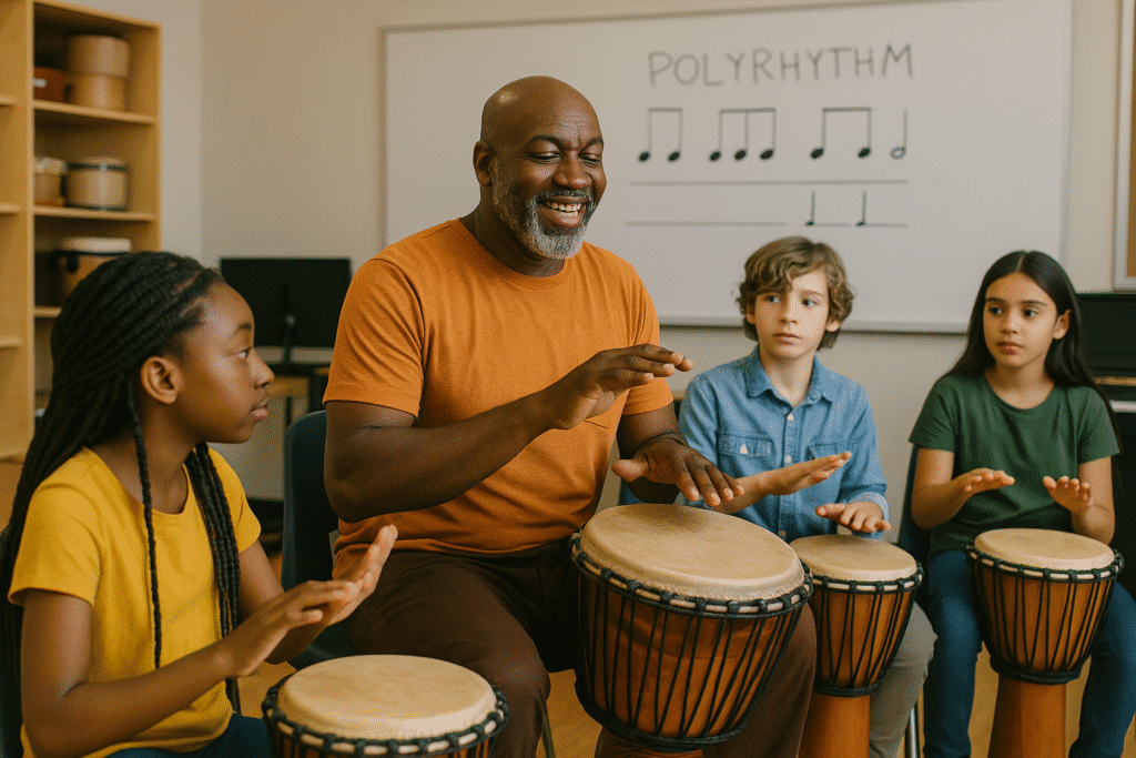 maestro de percusión enseñando polirritmia
