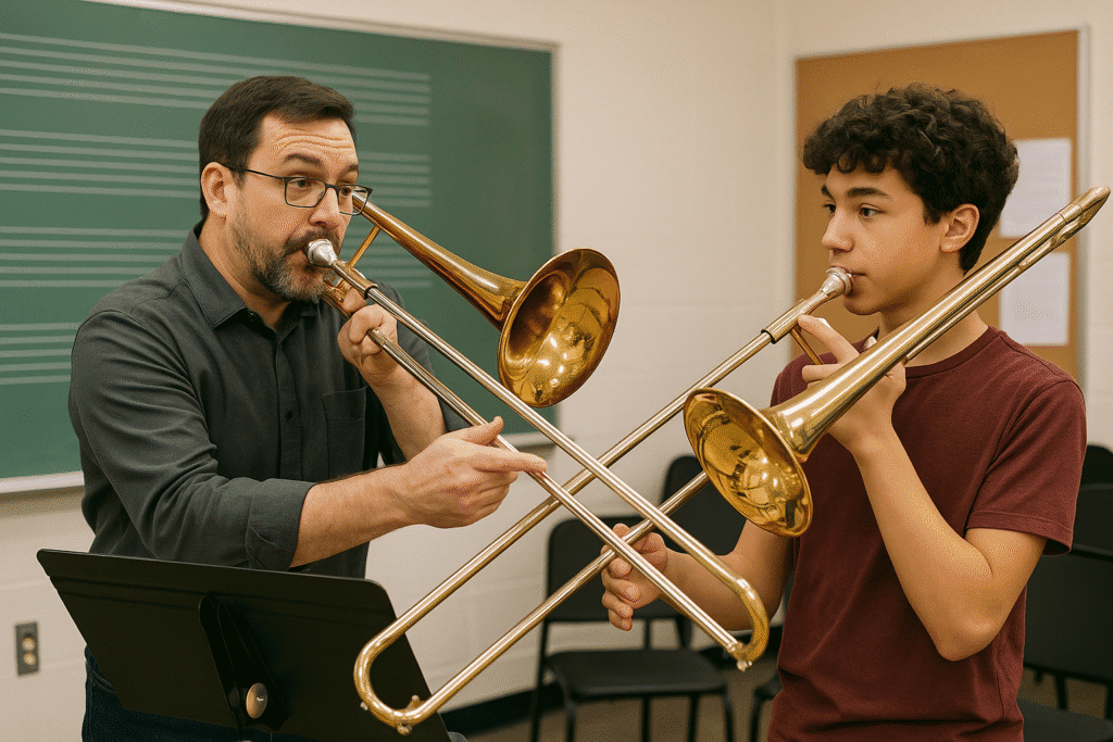 maestro enseñando glissando a estudiante de trombón