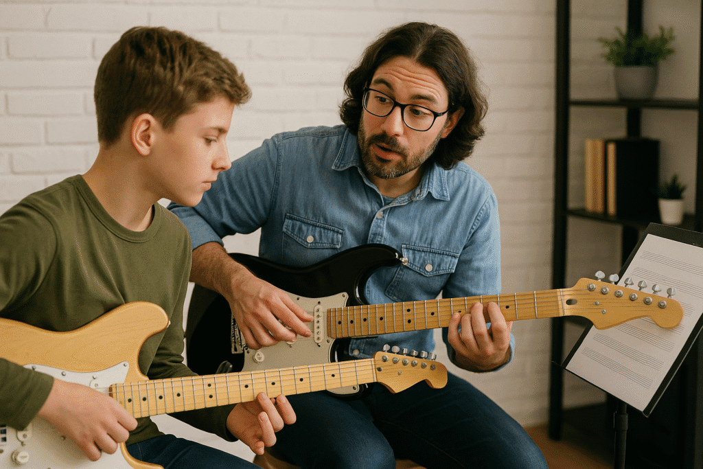 profesor enseñando armónico pinchado a alumno