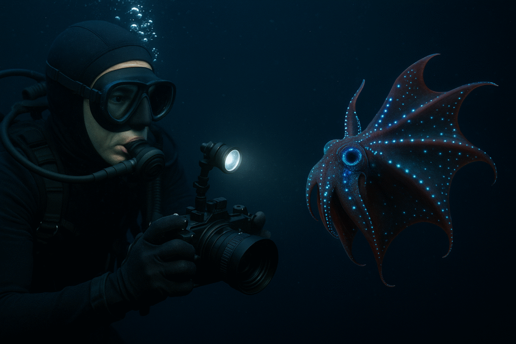 investigador filmando calamar vampiro