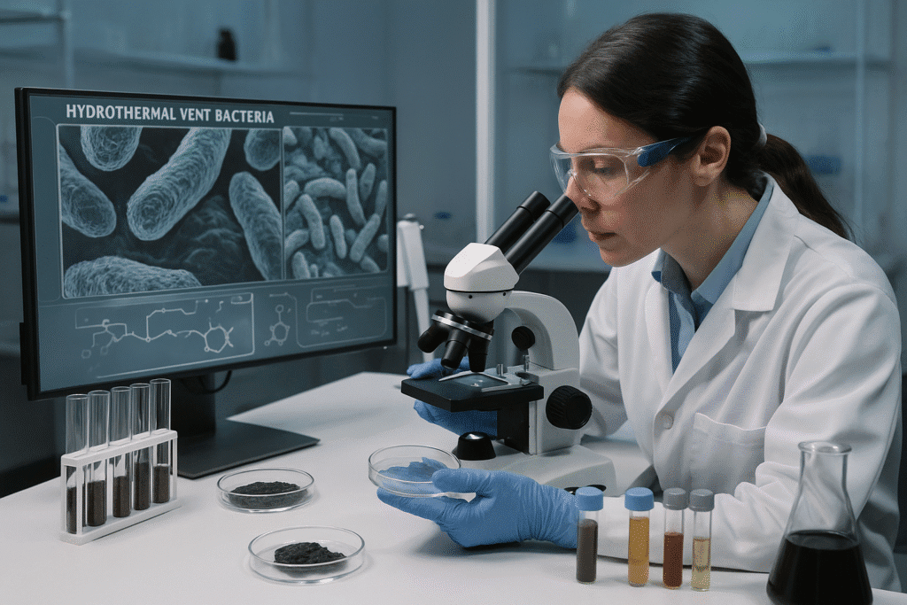 investigador estudiando muestras de bacterias extremófilas