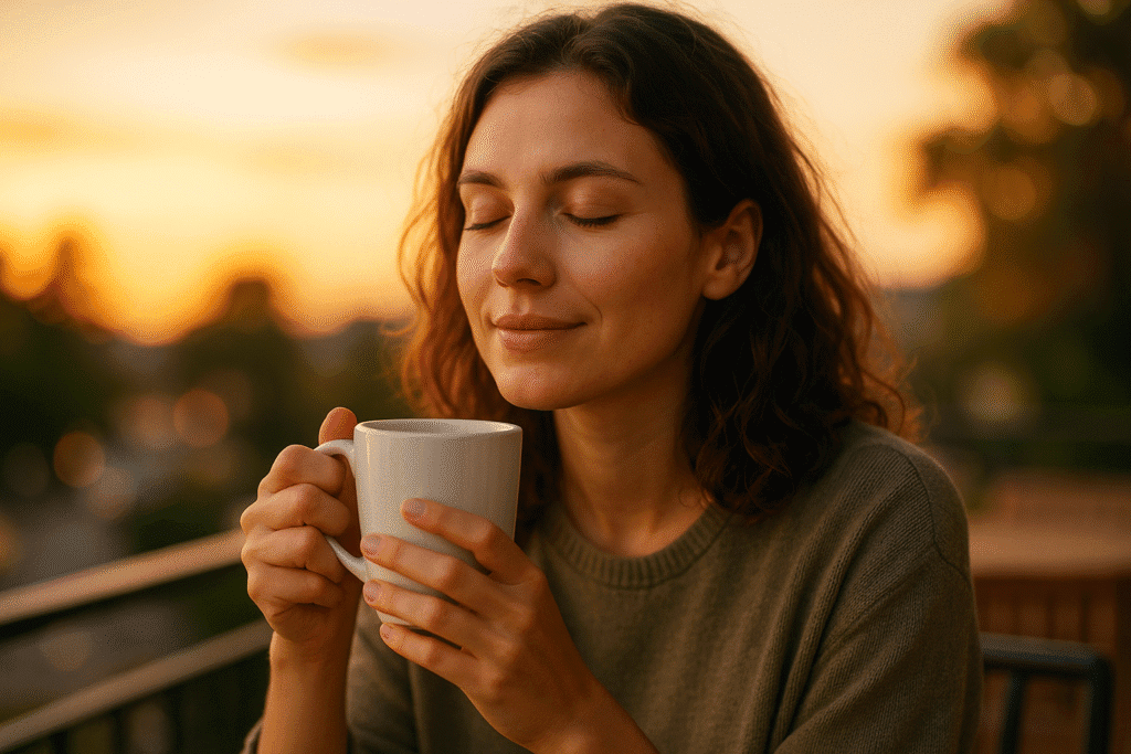Persona sonriendo con taza de café al atardecer, transmitiendo bienestar