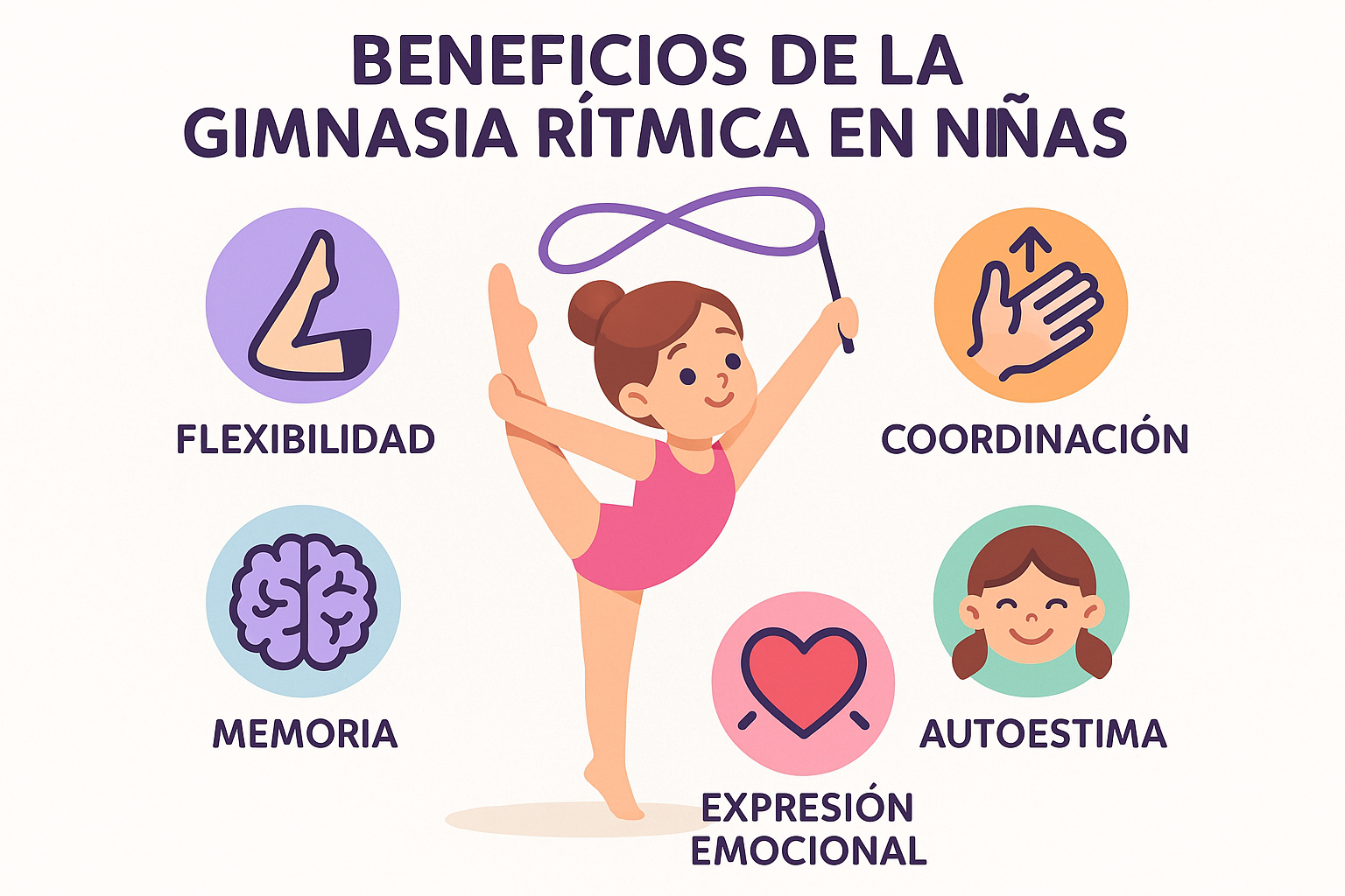 Infografía que muestra beneficios físicos, mentales y emocionales de la gimnasia rítmica en niñas