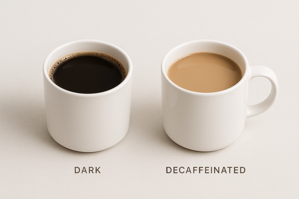Comparación visual entre taza de café regular y taza de café descafeinado
