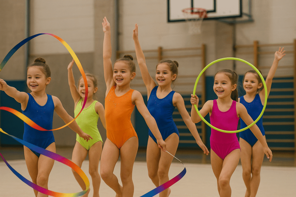 Grupo de niñas pequeñas realizando rutina grupal en una competición de gimnasia rítmica