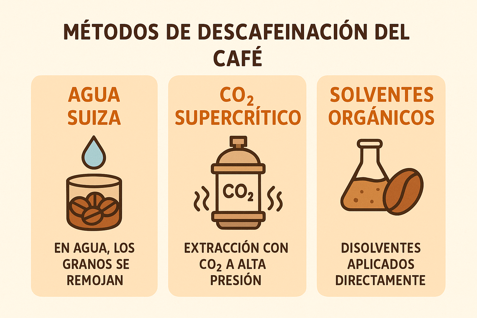 Infografía con los tres principales métodos de descafeinación del café