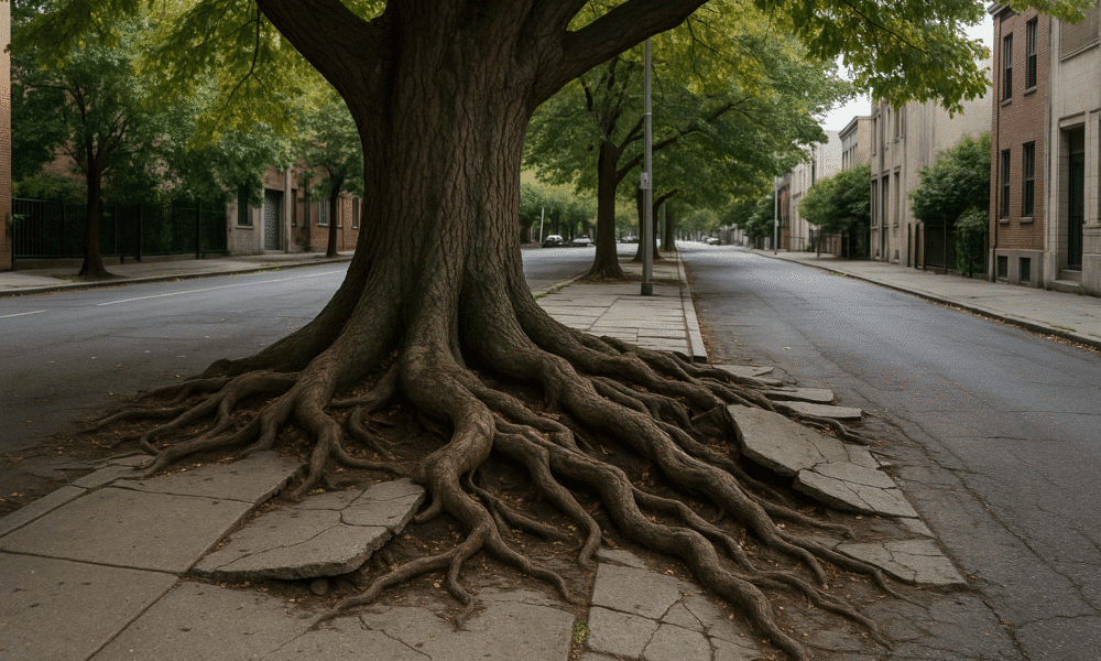 Árbol de gran tamaño en una acera urbana, con raíces expuestas