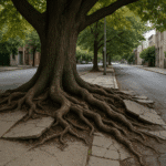Árbol de gran tamaño en una acera urbana, con raíces expuestas