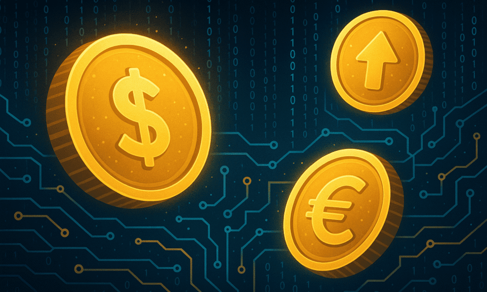 Ilustración de monedas virtuales flotando sobre un fondo digital abstracto