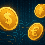 Ilustración de monedas virtuales flotando sobre un fondo digital abstracto