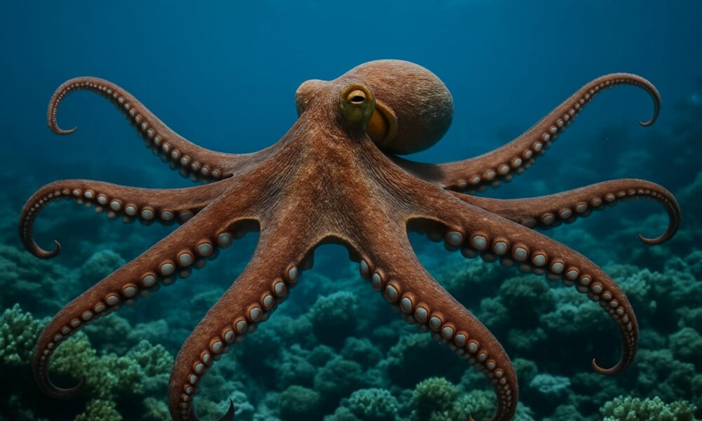 Pulpo extendiendo sus brazos en un arrecife, mostrando su complejidad sensorial