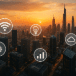 Ciudad moderna al atardecer con íconos de conectividad y tecnología