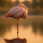 Flamenco rosado dormido sobre una sola pierna al amanecer