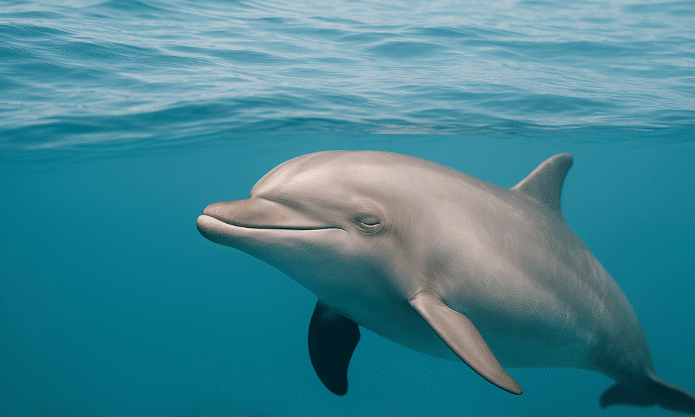 Delfín nadando lentamente cerca de la superficie con un ojo cerrado