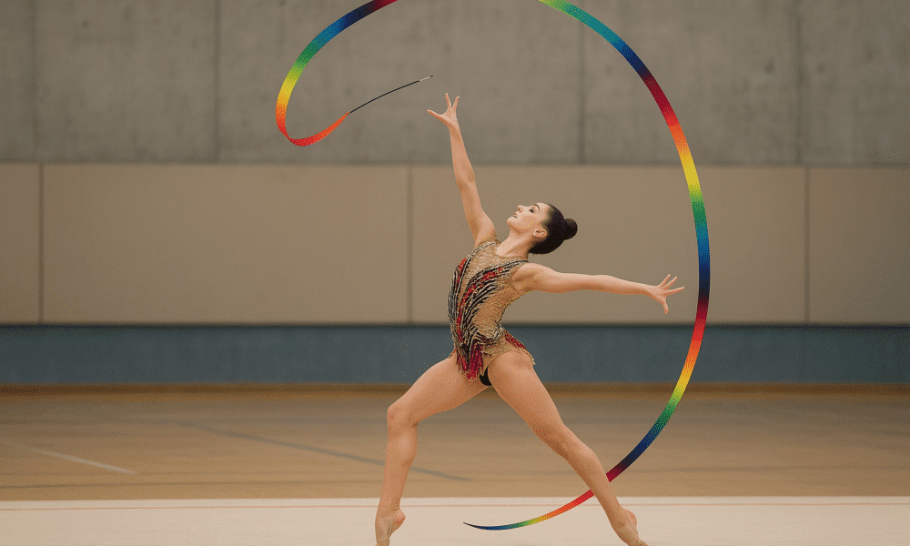 Gimnasta ejecutando lanzamiento de cinta