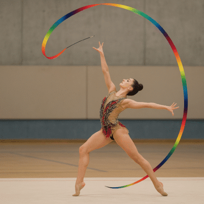 Gimnasta ejecutando lanzamiento de cinta