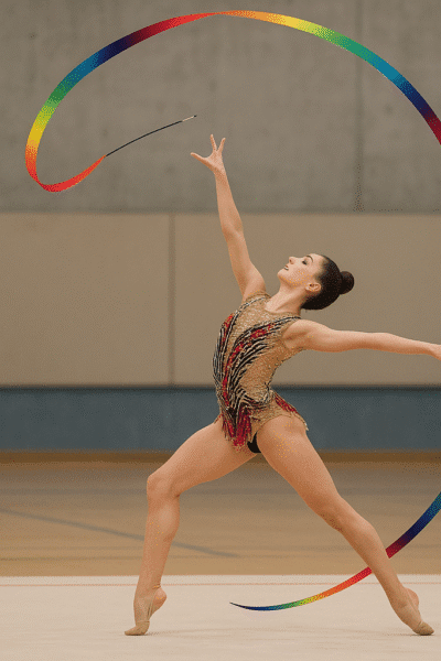 Gimnasta ejecutando lanzamiento de cinta