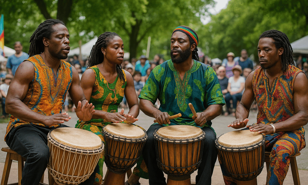 grupo tocando polirritmia en música africana