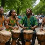 grupo tocando polirritmia en música africana