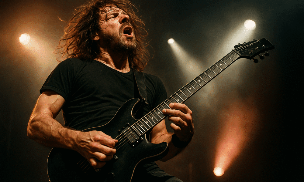 guitarrista haciendo armónico pinchado en escenario