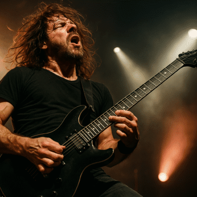 guitarrista haciendo armónico pinchado en escenario